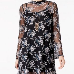 Black mesh dress with blue and white embroidery